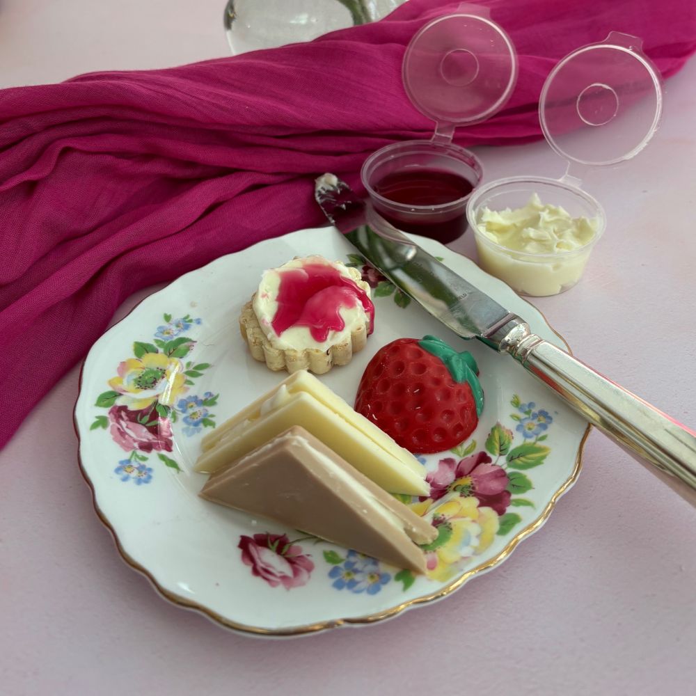 Chocolate English Cream Tea, presented on a plate